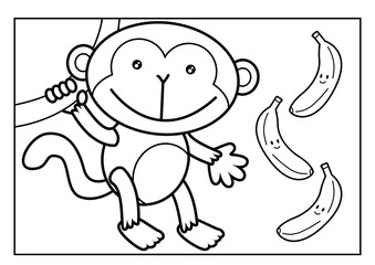 Monkey and Bananas Outline Illustration for Coloring Page