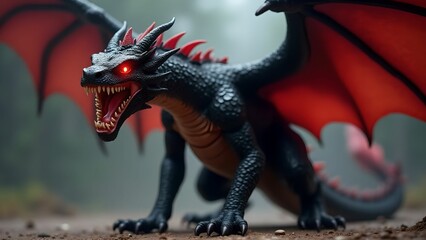 A dragon with red and black features in a dramatic pose against a neutral background.