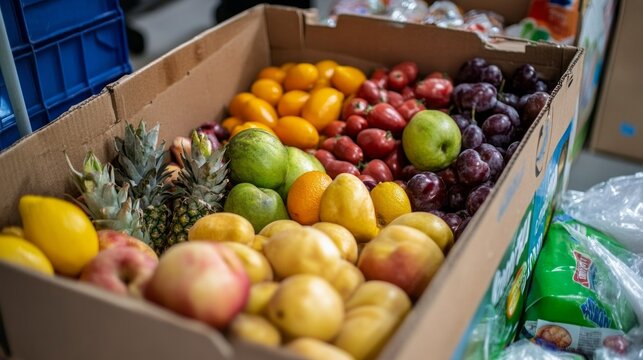 A vivid selection of tropical and local fruits fills a cardboard box, showcasing an inviting assortment of colors and textures under the warm afternoon light at a bustling marketplace