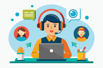 A customer support representative engages with clients while using a laptop and headset at a neat workspace, Support center simple,