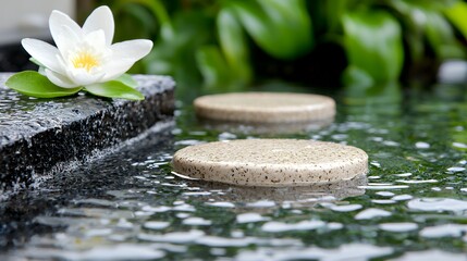 Fototapeta premium Lotus Flower Floating Near Stepping Stones in Reflective Water Garden