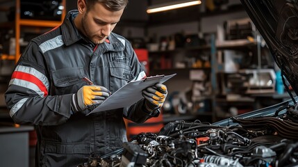 Mechanic inspecting car engine maintenance report.
