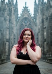 Fototapeta premium Confident woman with pink hair in black dress posing near Gothic cathedral