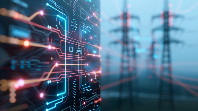 Digital Energy: A futuristic image blending technology and energy, where an intricate circuit board design overlays power lines, suggesting the fusion of digital innovation and electricity.