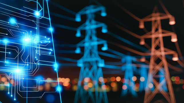 Power Grid Innovation: A striking visual of high voltage power lines and a digital circuit board overlay. The scene captures the essence of technological progress and energy infrastructure.