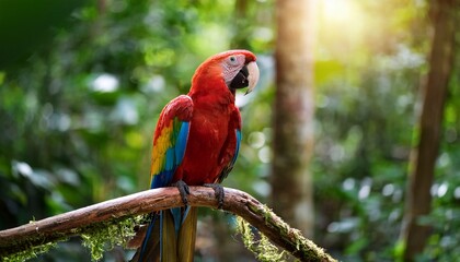 Obraz premium vibrant tropical parrot perched gracefully on branch in lush green forest setting