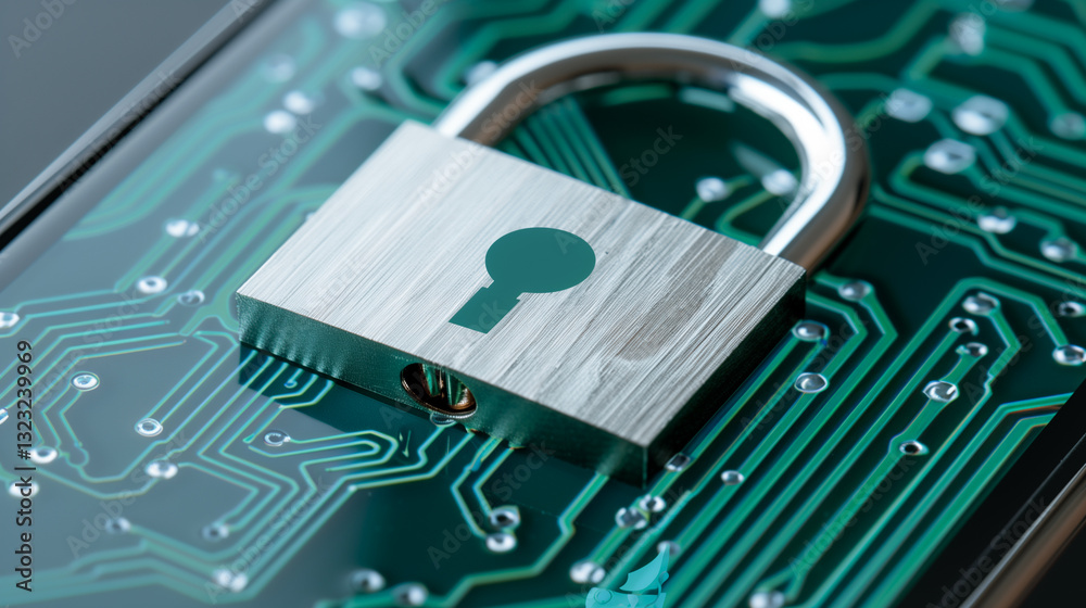 Poster digital fortress: a gleaming padlock rests atop a circuit board, symbolizing data security and prote