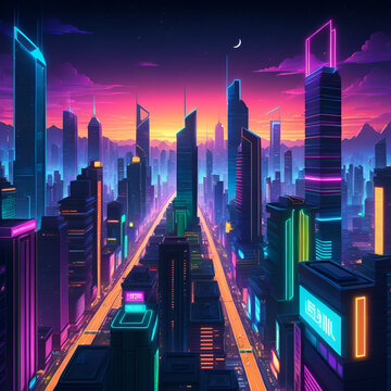 Neon cityscape with glowing skyscrapers, vibrant night sky, and luminescent streets, ideal for a Flappy Bird game