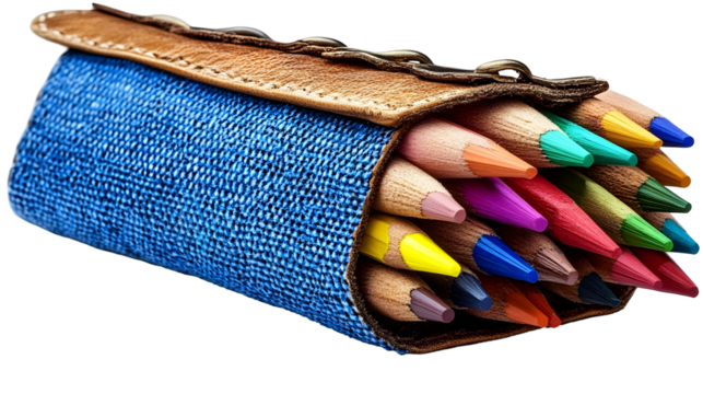 Colorful Pencils in Blue Denim and Brown Leather Pencil Case