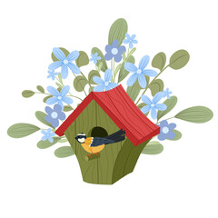 Nesting wooden bird house with a tit bird vector illustration isolated on white background. Handcrafted spring bird house with colorful flowers for spring greeting card, summer decor, print, sticker © Ekaterina Sumanosova