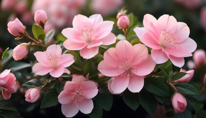beautiful pink flowers with delicate petals and green leaves