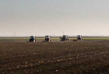 Obraz premium Convoy of Tractors on country road.