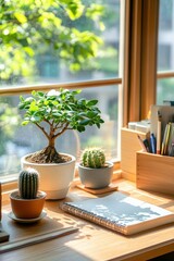 A dorm room desk with an adorable tiny bonsai tree and a few cacti, bringing nature into a small study space