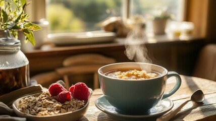 A steaming cup of herbal tea with a soothing aroma next to a cozy blanket and an open book by the fireplace.