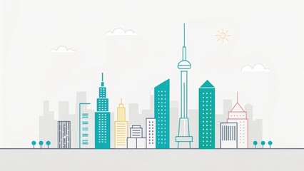 Fototapeta premium A colorful, minimalist skyline illustration featuring various buildings and structures, including a tower, with clouds and trees in the foreground.