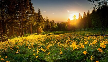 Obraz premium vibrant yellow flowers blooming in a lush forest at sunset creating a serene and picturesque scene
