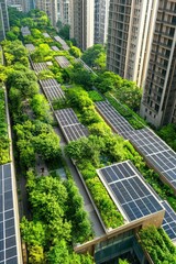 A drone shot of a green city with rooftop gardens, solar panels, and urban forests