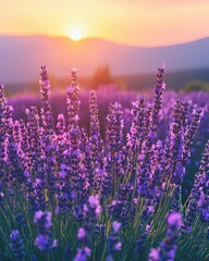 Naklejka premium Lavender Field at Sunset A Serene Landscape with Purple Flowers and Warm Light Above the Horizon