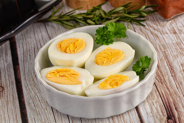 Boiled chicken eggs with bright yolk
