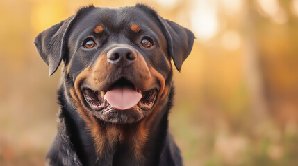 Fototapeta premium Rottweiler enjoys a sunny day outdoors with a joyful expression in a natural setting during autumn
