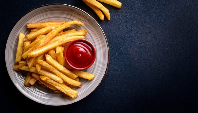 frenchfries with kitchup topview on dark background food photography for ads