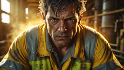 Intense male factory worker in yellow and grey uniform, displaying focus and determination amidst industrial setting.