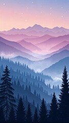 Title: Serene Misty Mountain Landscape with Silhouetted Peaks, Dense Pine Forest, and Pastel Pink Sky Gradient for Phone Wallpaper Background, Generative ai Image