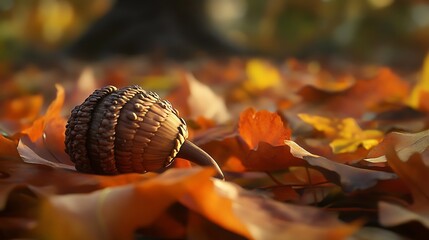 focus on an acorn nestled in a bed of fresh fallen autumn leaves