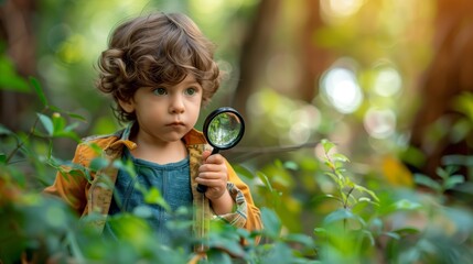 Curious Toddler Boy Exploring Nature with Magnifying Glass Adorable Child Discovering Plants Outdoors Happy Child in Lush Green Garden Summertime     