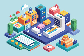 Fototapeta premium A colorful isometric layout showcases various customizable urban features, including buildings and trees, Swipe options Customizable Isometric Illustration