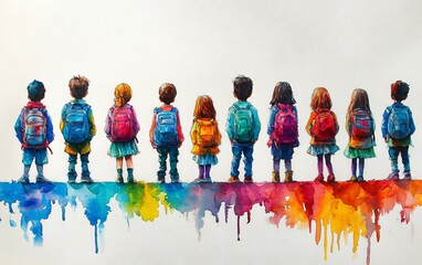 Naklejka premium Children waiting at the edge in a whimsical watercolor scene, perfect for capturing the essence of childhood, education themes, and playful events.
