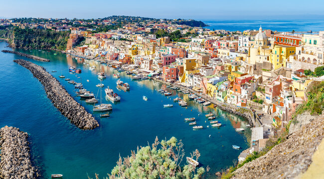 High angle view of colorful fishing village, Procida island
