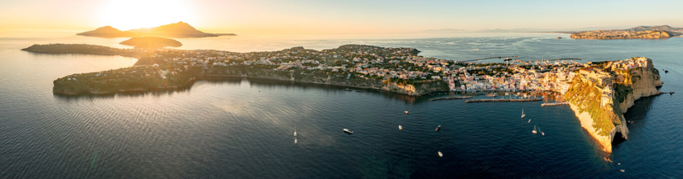 Panoramic aerial view of Procida island at sunset
