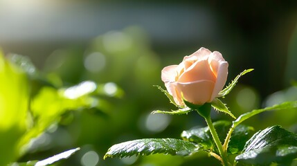 Single Peach Rose Bud Blooming in Sunlight with Green Leaves