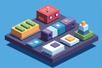 Various colorful customizable switches are displayed in an isometric layout on a blue background, Switches Customizable Isometric Illustration
