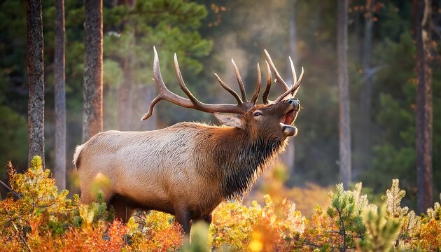 majestic elk bugling in the autumn forest