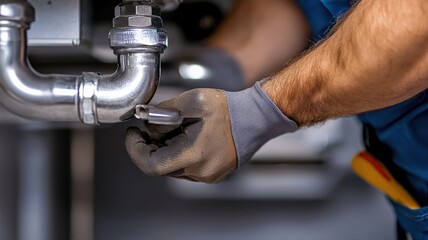 A plumber fixing a leaking pipe under a sink, close-up on hands and tools