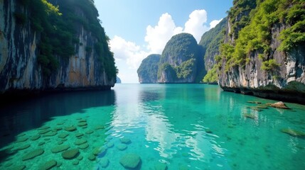 Obraz premium A serene coastal lagoon with crystal-clear waters, encircled by towering limestone cliffs. Sunlight reflects off the calm surface, enhancing the tropical paradise ambiance.
