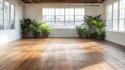 Sunny loft studio, plants, wooden floor, city view, event space