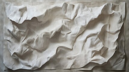 Obraz premium A wrinkled white paper sheet, heavily creased and folded in various directions, showcasing a textured surface that reflects light, creating shadows in the deep folds.