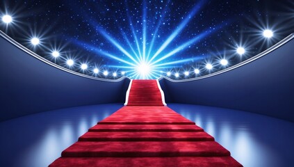 A glamorous red carpet leading to bright lights, creating a cinematic and inviting atmosphere.