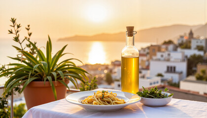 Elegant dining setup on balcony at sunset, culinary delight