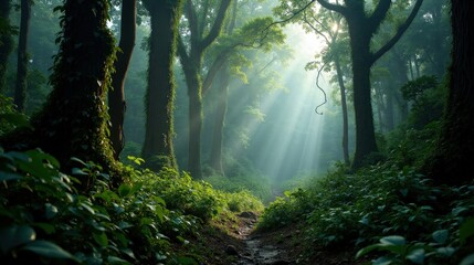 Obraz premium A dense rainforest teeming with life, vines draping from towering trees as mist rises from the lush undergrowth. A vibrant, high-detail depiction of untouched tropical wilderness.