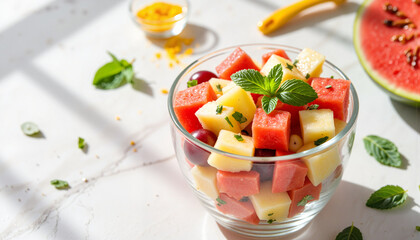 Colorful fruit salad in glass bowl, fresh summer delight