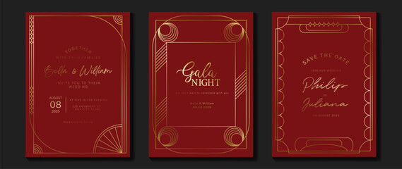 Luxury invitation card background vector. Elegant classic antique design, gold lines gradient on red background. Premium design illustration for gala card, grand opening, art deco.