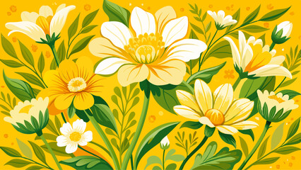 A lively display of yellow and white flowers with green leaves on a bright yellow background.