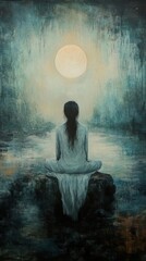 Obraz premium Moonlit Serenity: A Woman's Peaceful Meditation by the Lake