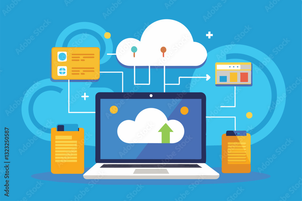 Poster a laptop displays cloud data storage synchronization, streamlining information access and management