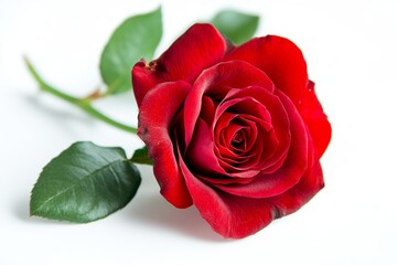 Beautiful Red Rose in Close Up Flat Lay Composition Isolated on Clean White Background