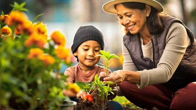Mutter und Kind pflanzen Gem&uuml;se im Garten